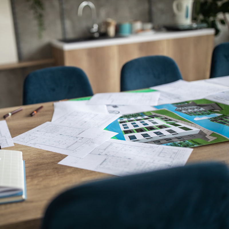 table with blueprints